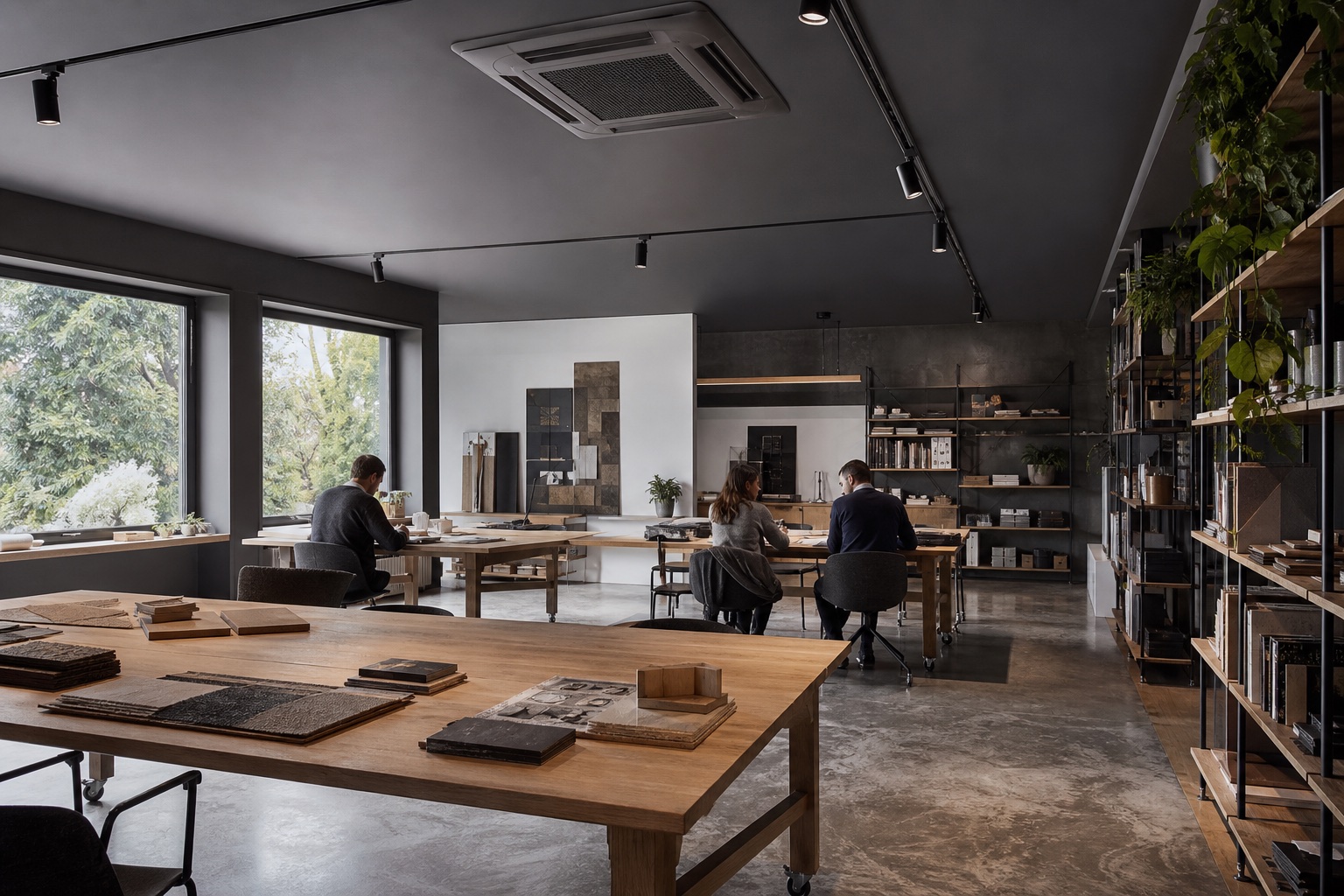 Workplace with a ceiling cassette air-conditioning system.
